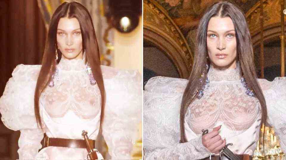 Bella Hadid topless: supermodel poses with a dagger in a transparent wedding dress