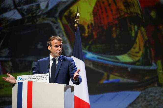 Emmanuel Macron at the National Congress of Firefighters, in Marseille, October 16, 2021.