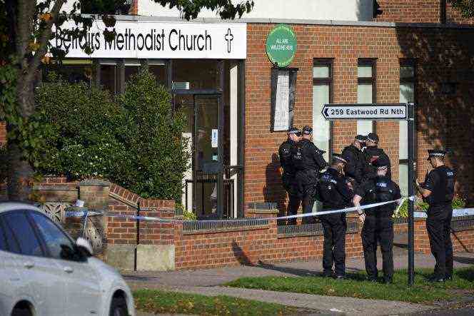 Police officers at Belfairs Methodist Church in Leigh-on-Sea where David Amess was stabbed to death on Friday during a meeting with constituents in his constituency.
