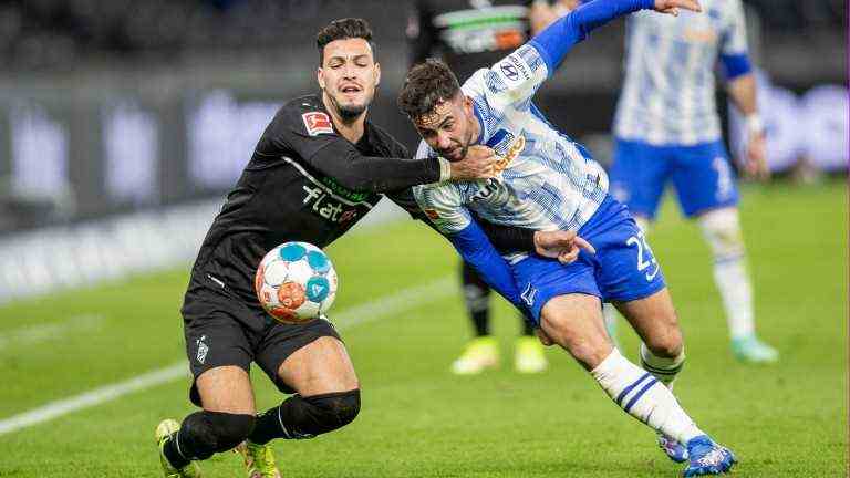 The game was characterized by many duels and interruptions: Here Hertha's Marco Richter and Gladbach's Ramy Bensebaini (Photo: Andreas Gora / dpa)
