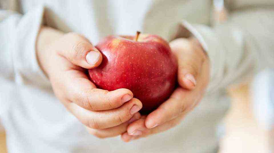Hands of a child holding apple
