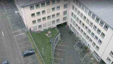 Drone photo of the Grundberg Verlag from the outside ... gray, dreary, multi-storey building