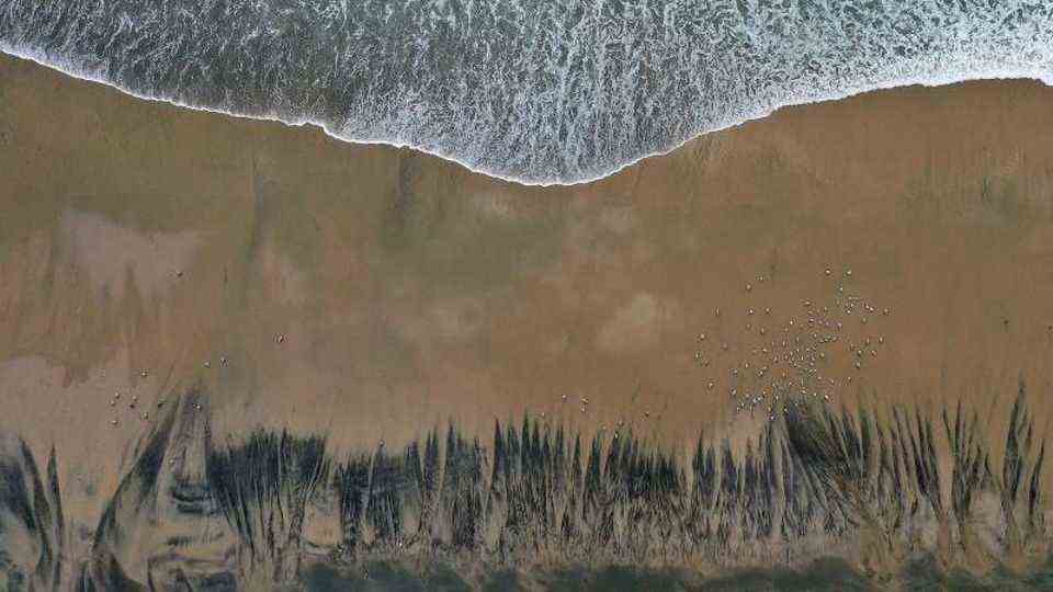 Aerial view shows black oil streaks on the beach