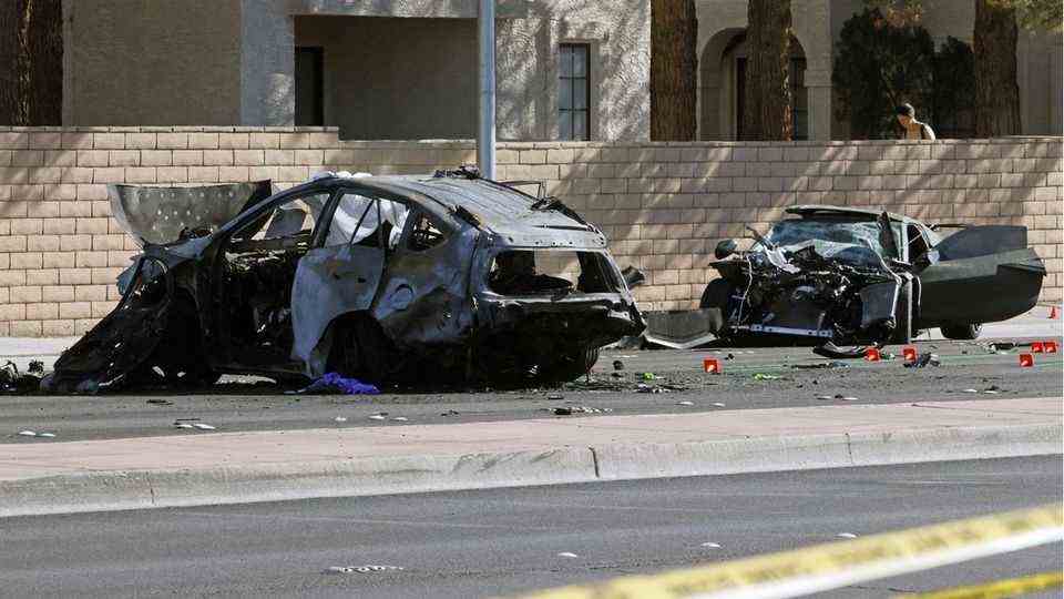 The burned-out Toyota RAV4 (left) of the death victim and the demolished Corvette owned by Henry Ruggs