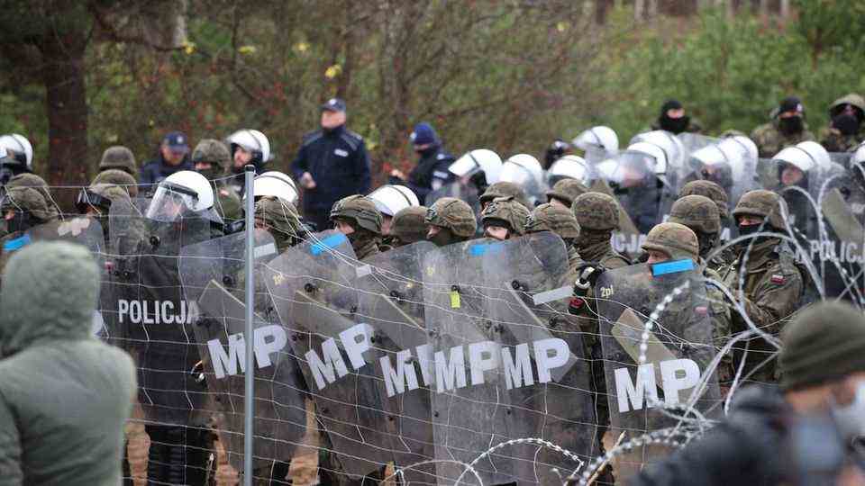 Policemen in full armor and with shields stand in a row behind a wire fence about two meters high