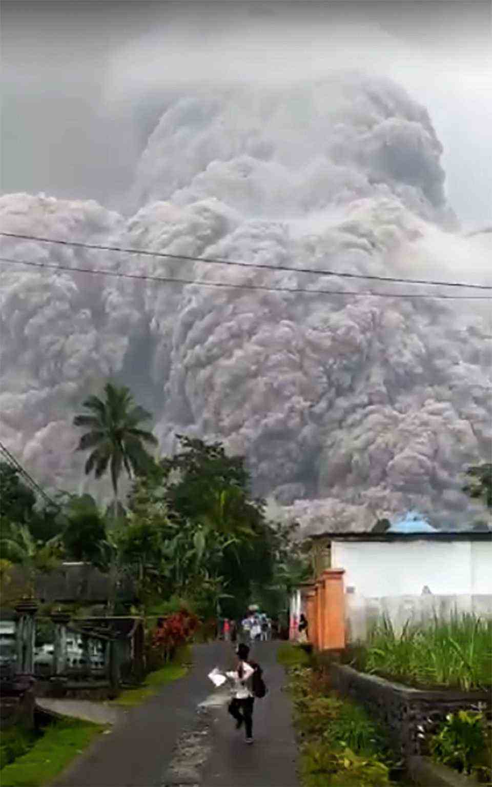 Schreiend laufen Menschen vor der gewaltigen Aschewolke davon, die der Vulkan Semeru ausspuckt