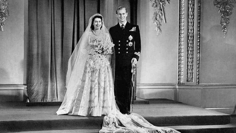 Queen Elizabeth II at her wedding to Prince Philip
