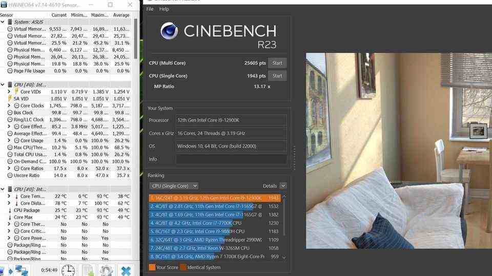 The Intel Core i9 12900K runs through the single-core mode of Cinebench R23.