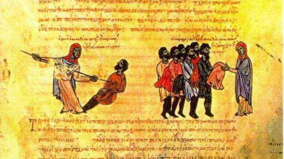 A Varangian tried to rape a Thracian woman.  She struggled and impaled the warrior with a spear.  The dead man's comrades did not seek revenge on the woman, but praised her courage.  Then they gave her the property of the man she won in battle.