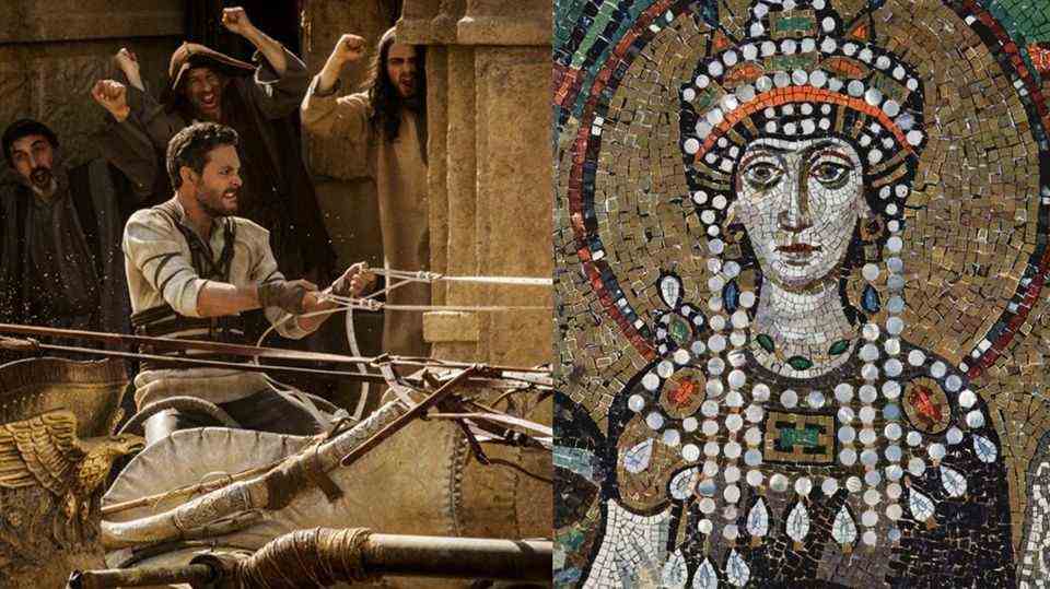 The circus parties did not count on the Empress's resolve.  The mosaic has been preserved in Ravenna, the chariot race comes from the film  "Ben Hur" (2016)