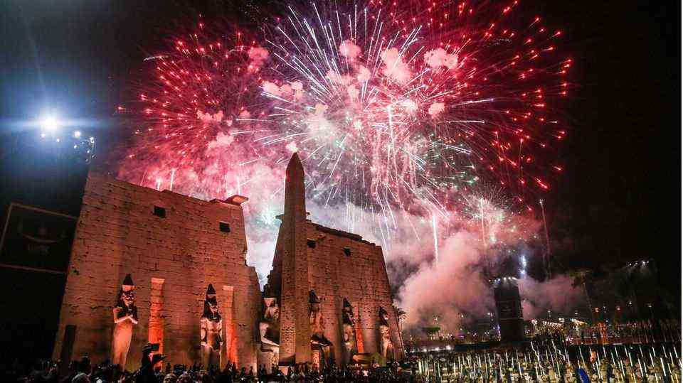 Luxor, Egypt.  Fireworks light up the sky during the official opening ceremony of historic Sphinx Avenue.  After years of renovation and in an effort to revitalize Egypt's tourism sector, the 2700 meter long avenue has reopened.  Egypt has embarked on several major restoration projects to restore historic sites after the coronavirus hit the country's tourism sector heavily.