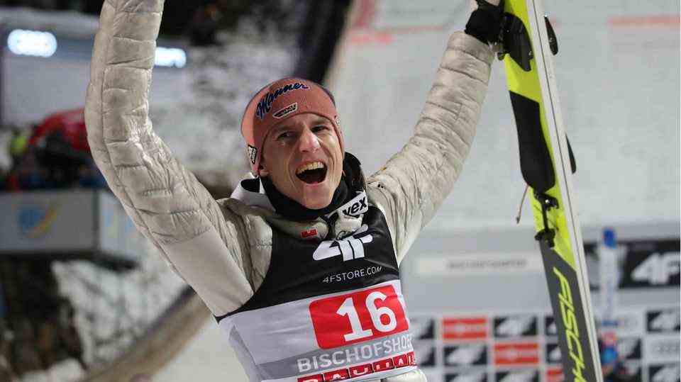 Karl Geiger cheers after the competition at the Four Hills Tournament in January 2020 in Bischofshofen