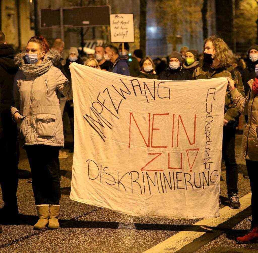 Rostocker Teilnehmer mit einem Transparent – und dem behördlich verlangten Mund-Nasenschutz