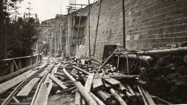 Traffic history: construction of a retaining wall in the late thirties and early forties.