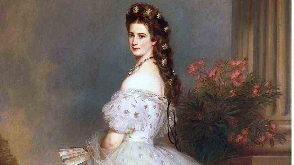 Color painting of Empress Elisabeth in a pompous dress and with braided hair