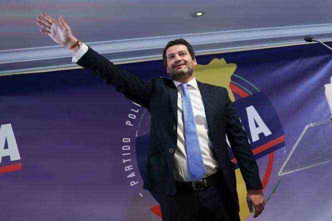 André Ventura, the leader of the far-right Chega party, salutes his third place in the legislative elections, in Lisbon, on January 30, 2022.
