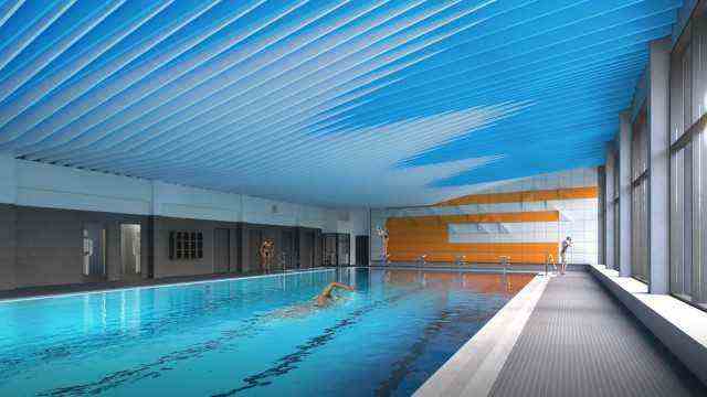 International sports: This is what the Ebersberg indoor pool should look like after the renovation, the orange and white tiled mosaic on the wall is reminiscent of the 1972 Olympics.
