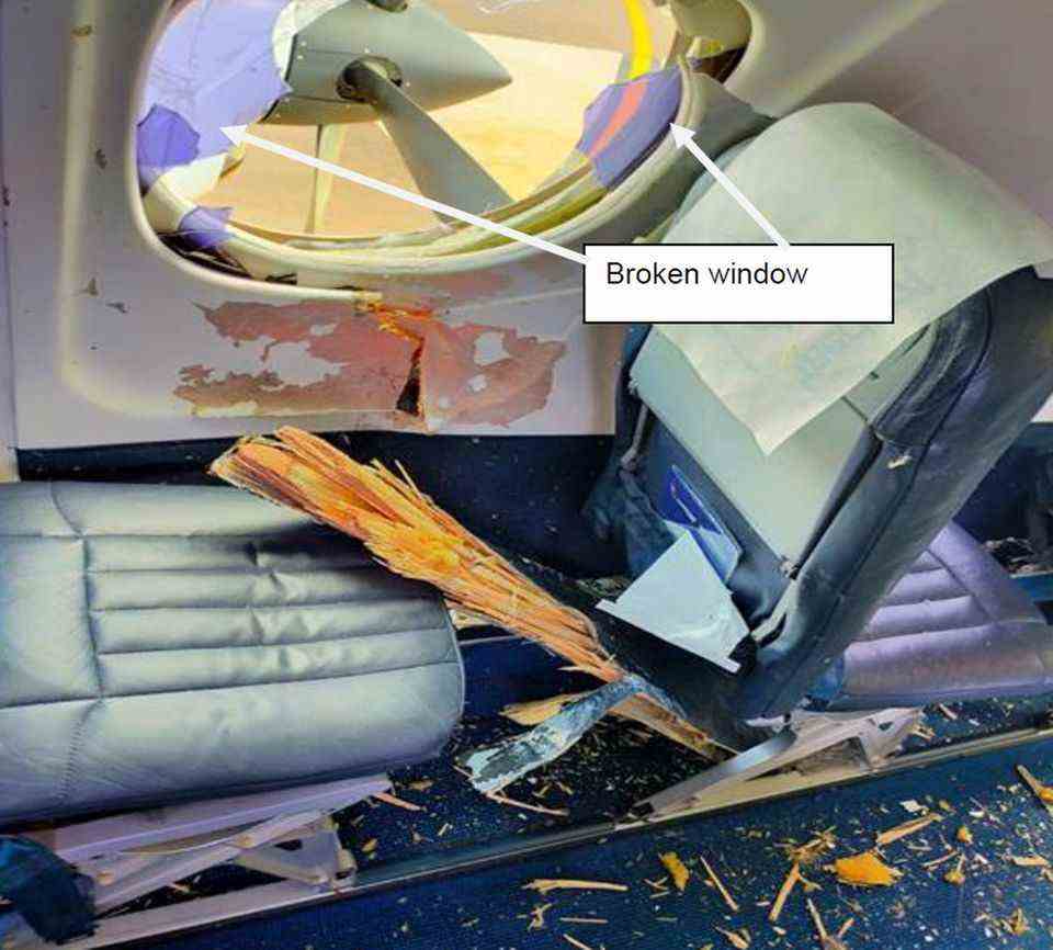 Seat in row 3: The jet stream cabin was damaged in several places by the loose propeller blade.