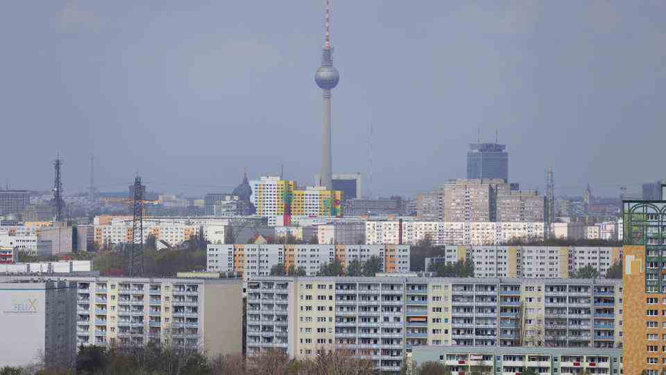 Skyscrapers in Berlin-Marzahn with the television tower at Alexanderplatz