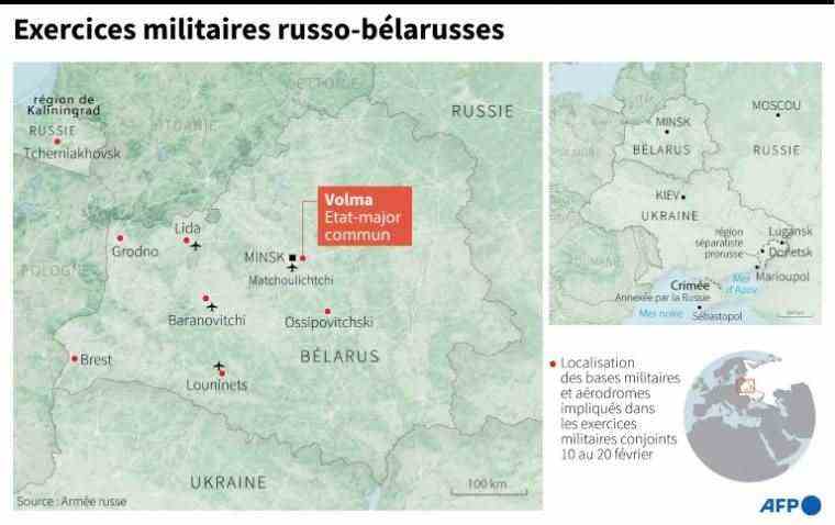 Map locating the military bases and airfields involved in the joint military exercises of Russia and Belarus conducted from February 10 to 20 (AFP / )
