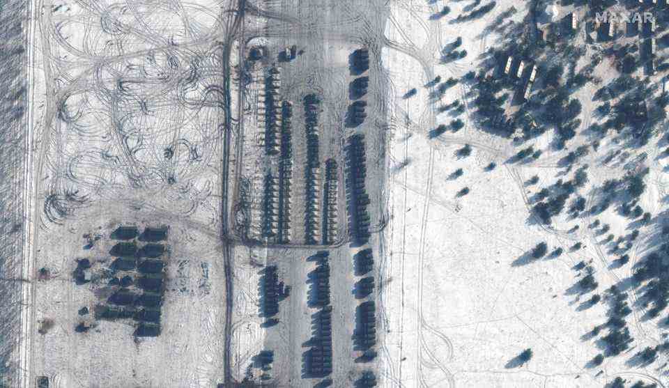 This satellite image is intended to show the deployment of armored vehicles at the Zyabrovka airfield in Belarus on February 9, 2022