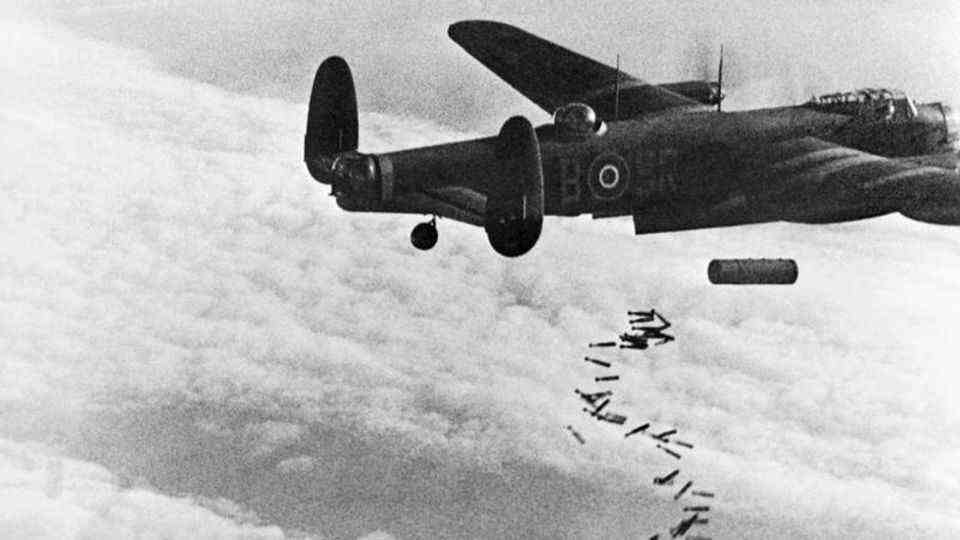 Here an Avro Lancaster bomber drops a mix of incendiary sticks and an HC 4000 Blockbuster.