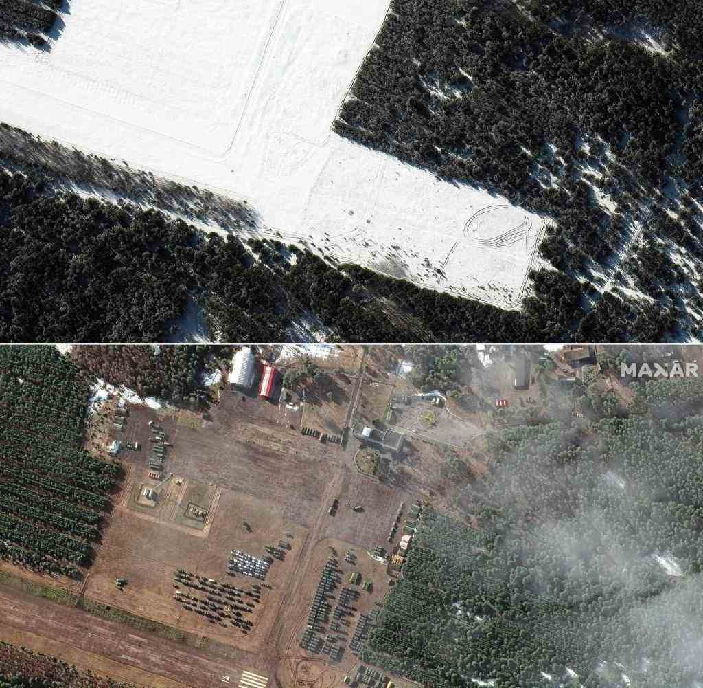 Die Aufnahmen zeigen einen Flugplatz nahe Masyr im Süden Belarus, am 4. Februar (oben) und 22. Februar (unten)
