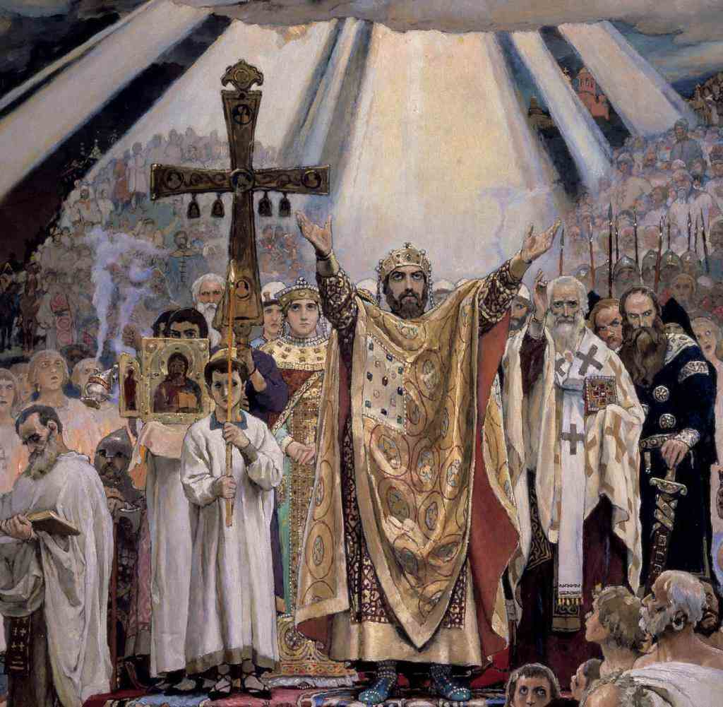 Baptism of Russia / Gem.vWWasnezow Vladimir I. Sviatoslavich, the saint;  grand duke;  died 15.7.1015.  - "The baptism of Russia".  - (988; introduction of Christianity under Vladimir the Holy).  Painting, 1885/86, by Viktor M.Vaznetsov (1848-1926).  Oil on canvas, 214 x 78cm.  inventory no.  1026 Moscow, Tretyakov Gallery.