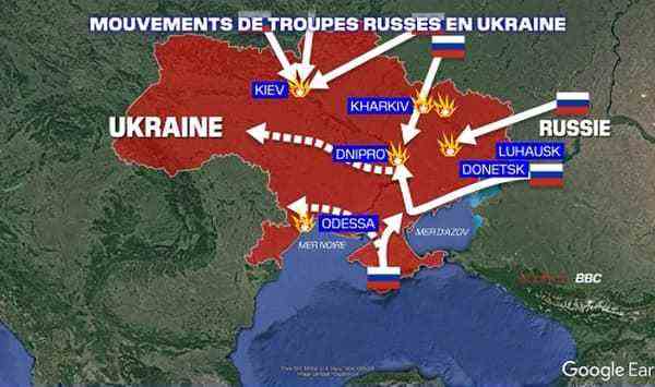 La carte de l'Ukraine et des mouvements des troupes russes ce jeudi.