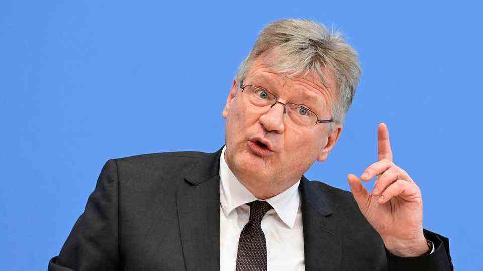 The longtime AfD chairman Jörg Meuthen pulls a face in front of the AfD logo