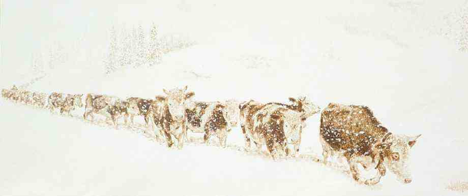Glonn: Werner Härtl gained a lot of experience as a helper on a farm.  This image titled "Surprised by the snow" shows a hasty cattle drive.