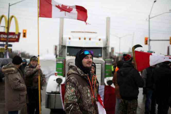 Protesters block the Ambassador Bridge, a link between Windsor, on the Canadian side, and Detroit, on the American side.