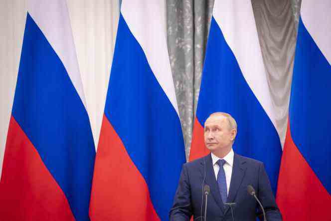 Russian President Vladimir Putin during a press conference at the Kremlin in Moscow on February 7, 2022.