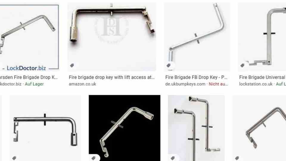 A Google summary page shows photos of "Fire Brigade Drop Keys"