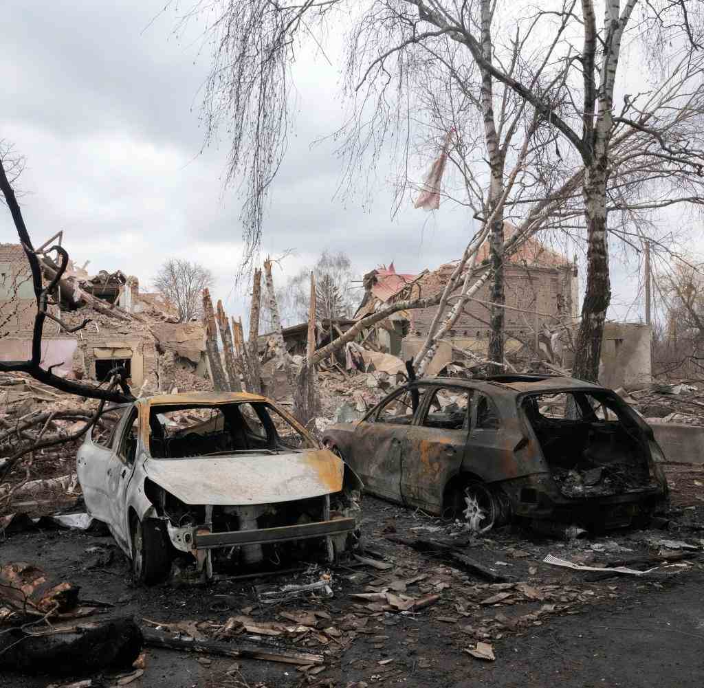 Burnt cars in Bushiv, 40 kilometers west of Kyiv