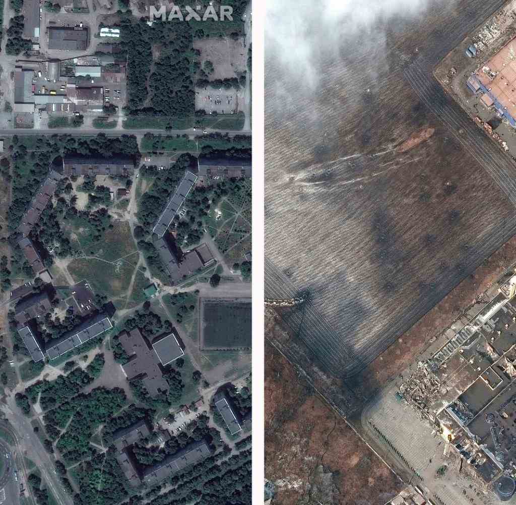 Vorher (links) und nacher: Ein nun zerstörtes Einkaufszentrum in Mariupol von oben