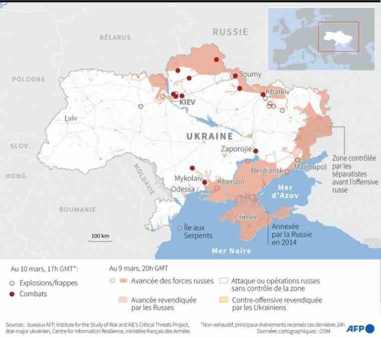 Map of Ukraine locating the places where explosions, strikes and fighting between Ukrainian and Russian forces have been recorded and Russian advances, claimed by the Russians, Russian attacks or operations without control of the area and claimed counter-offensives by the Ukrainians, to March 10 at 17:00 GMT (AFP / )