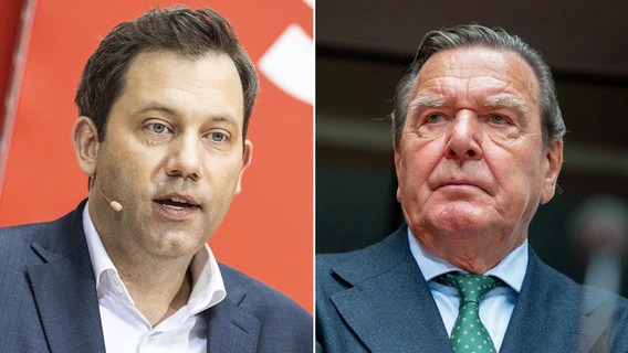 A photo collage shows the SPD federal chairman Lars Klingbeil and the former Federal Chancellor Gerhard Schröder.  © picture alliance/dpa Photo: Florian Gaertner, Kay Nietfeld