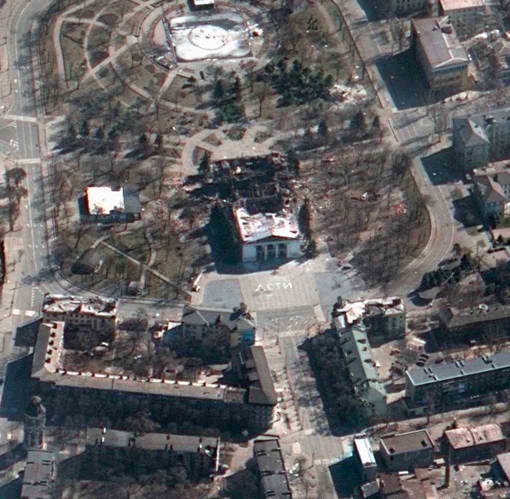 The destroyed theater of Mariupol in a satellite image from Maxar Technologies.  