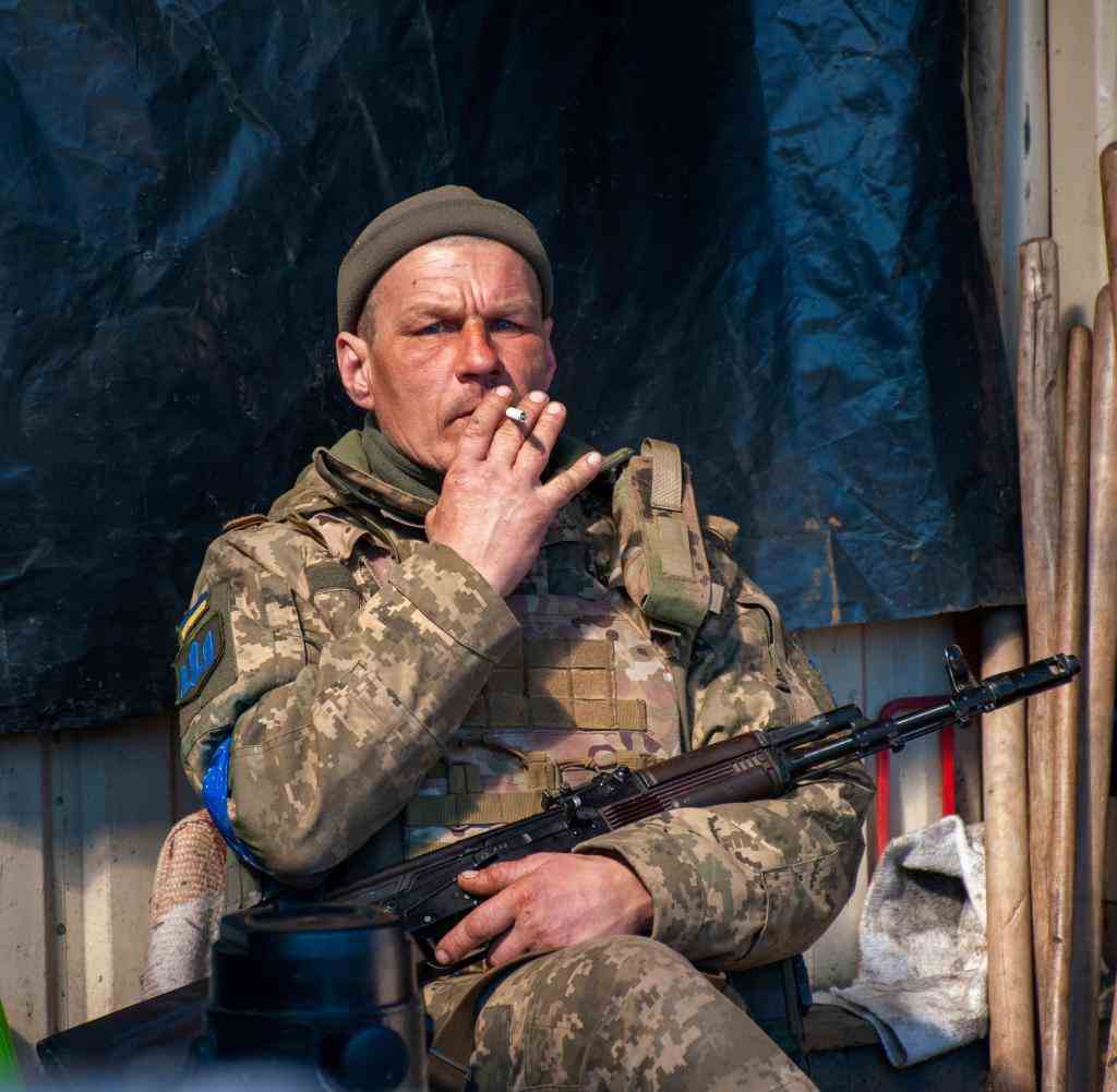 A Ukrainian soldier on duty in Kharkiv
