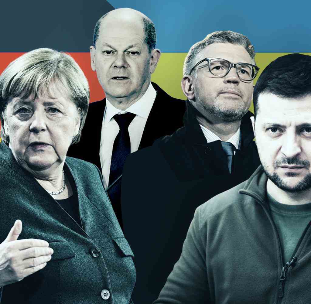 V. l.: Angela Merkel (CDU), Olaf Scholz (SPD), Andrij Melnyk und Wolodymyr Selenskyj