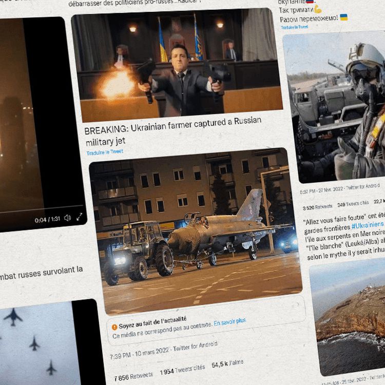 De la capture d'un avion de chasse russe par un fermier ukrainien au bombardement d'une centrale électrique à Kiev, de nombreuses fausses images sont apparues sur les réseaux sociaux depuis le début de la guerre. (ELLEN LOZON / FRANCEINFO)