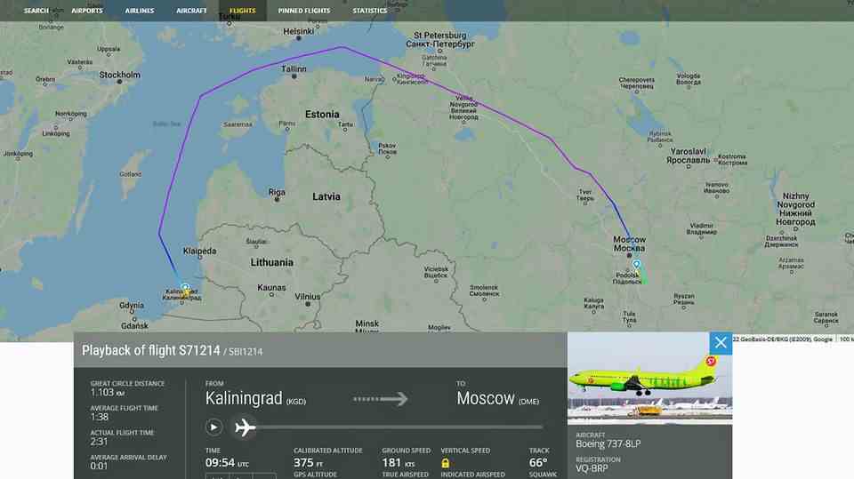Flights from Moscow to Kaliningrad have to take a detour via the Baltic Sea