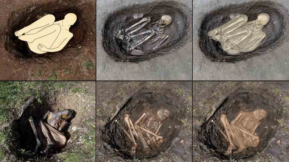 Photos and drawings of the angled skeletons in the ground