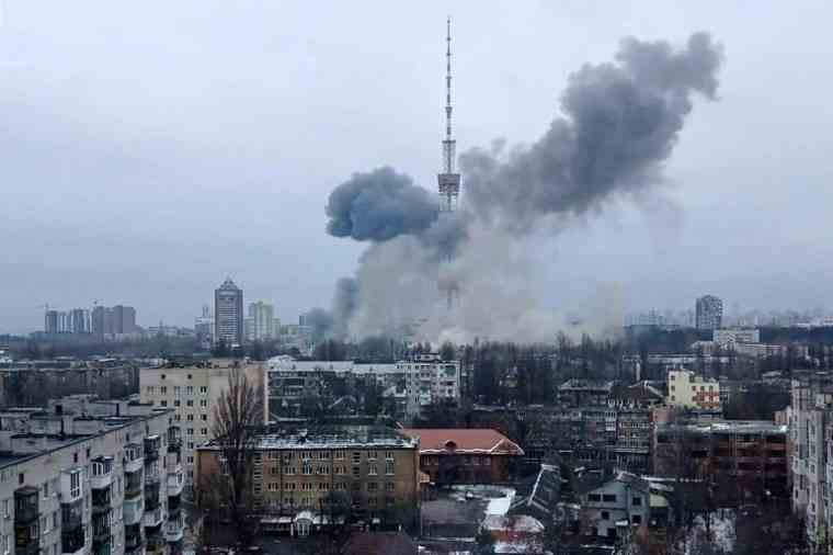 Photo of Kiev TV tower posted on Ukrainian Interior Ministry Facebook page on March 1, 2022 ( UKRAINIAN INTERIOR MINISTRY PRESS SERVICES / - )
