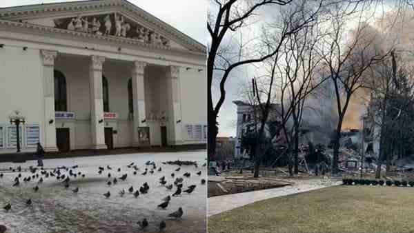 Le théâtre de Marioupol, avant et après le bombardement russe, le 16 mars 2022.
