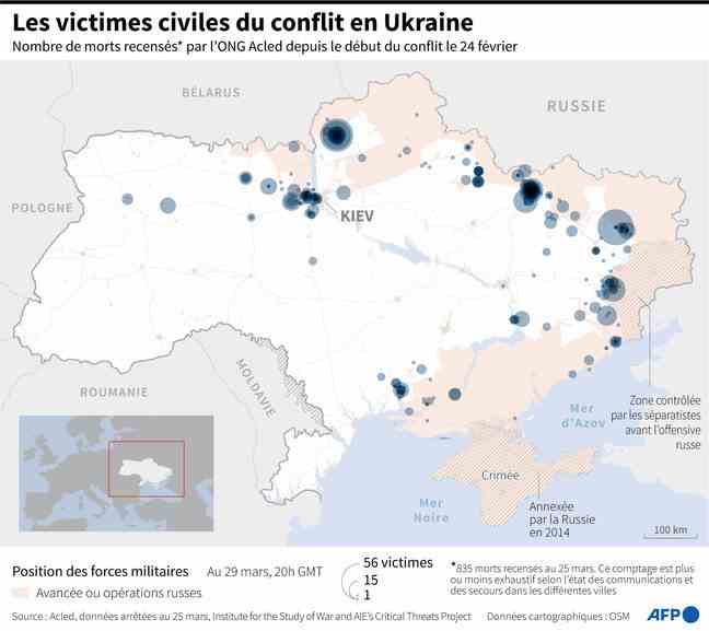 Map of Ukraine showing the civilian victims recorded by the NGO Acled between the start of the conflict on February 24 and March 25.