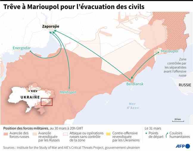 Location of several humanitarian corridors planned for March 31 to evacuate Ukrainian civilians from Mariupol to Berdiansk then Zaporozhe, and from Energodar and Melitopol towards Zaporozhe.
