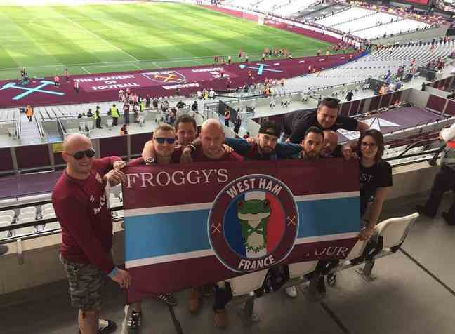 Romain Parreaux and his friends from West Ham France, here during a match at the Olympic Stadium in London.