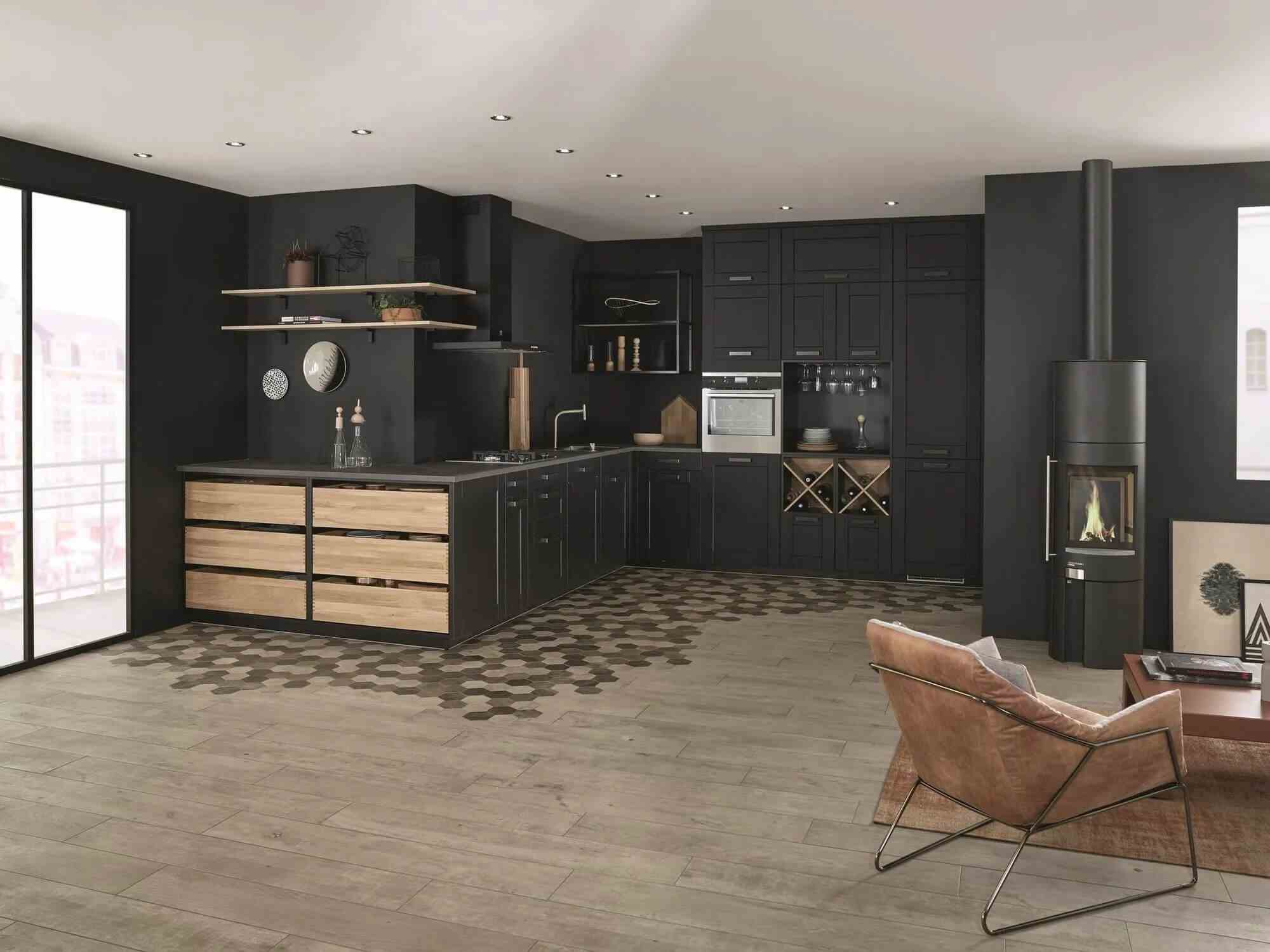 A Kitchen In Black And Wood With A Bistro Spirit 